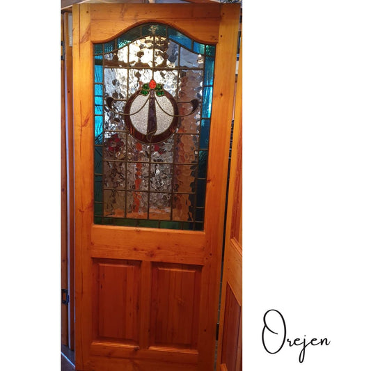 Wooden door with stained glass panel  - blue and opaque features.
