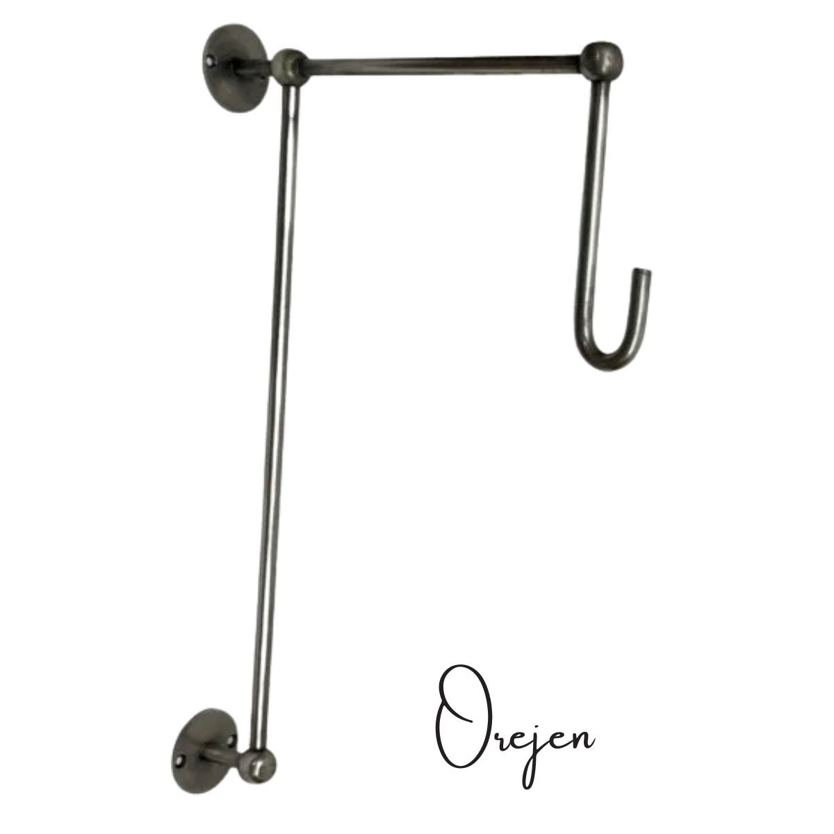 Pewter wall hook with a long arm on a white background.
Also used for a long Wedding dress in Wedding Venues.