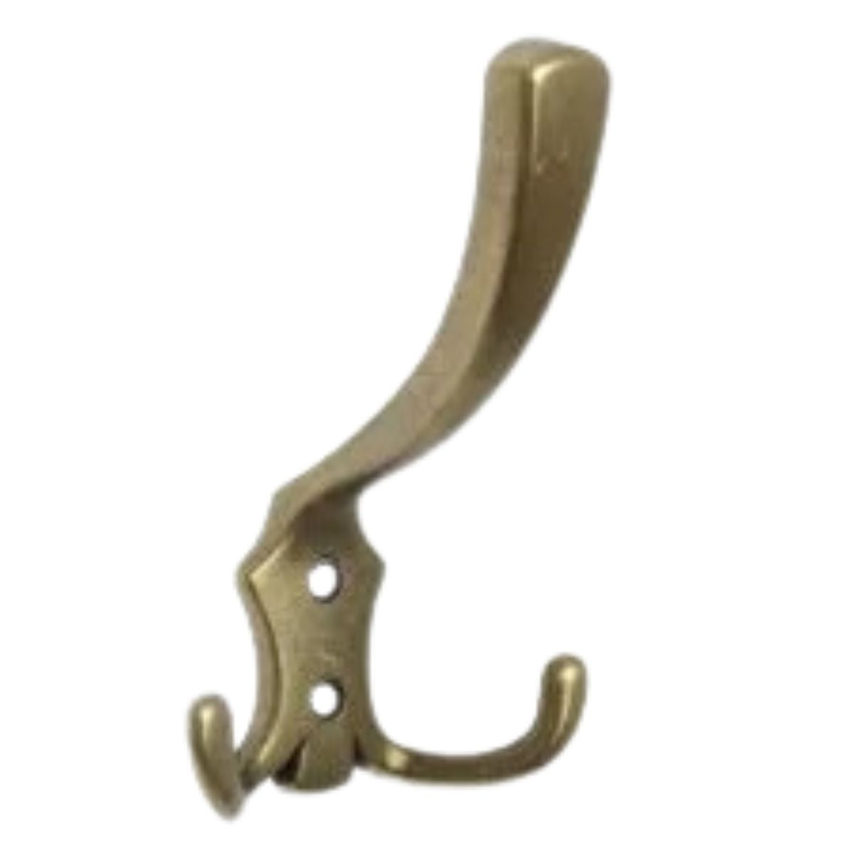 A brass wall hook with three separate hooks, intended for hanging items such as towels or clothing.