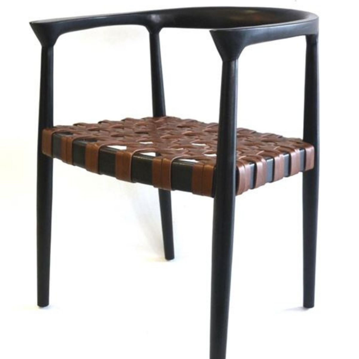 A dining room chair with a brown leather  riempies seat and a black teak wood backrest and legs.