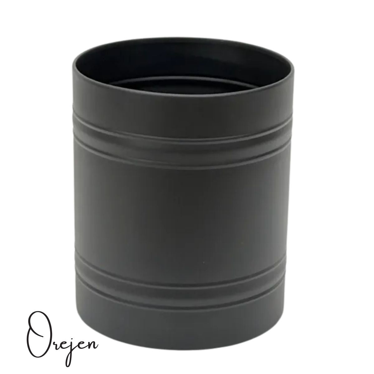 Black cylindrical waste bin  which matches the black ranges of hardware
