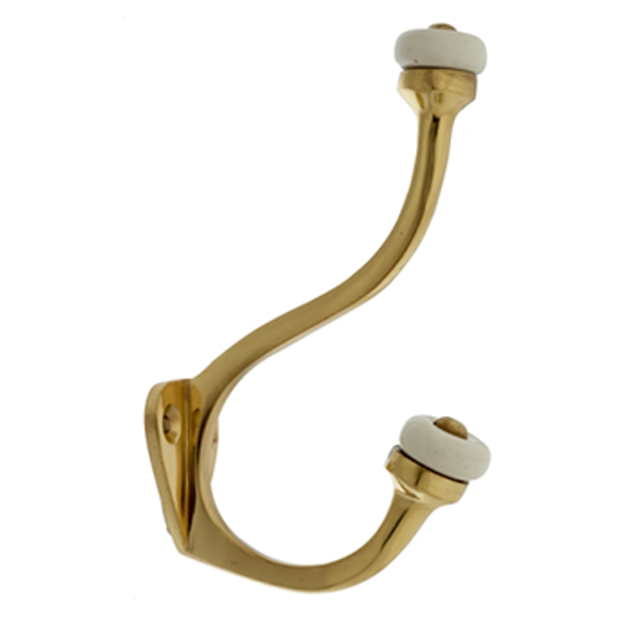 A solid brass hook with a porcelain tops on the curved portion, designed for hanging items such as robes.
